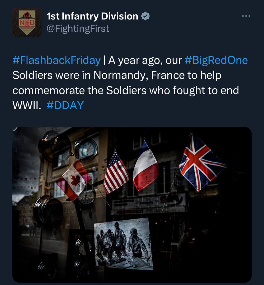 U.S Army First Infantry Division 🇺🇸

#FlashbackFriday | A year ago, our #BigRedOne Soldiers were in Normandy, France to help commemorate the Soldiers who fought to end WWII.
 #DDAY 

Timestamp: 7:33 ET>19:33 MIL
Tweet