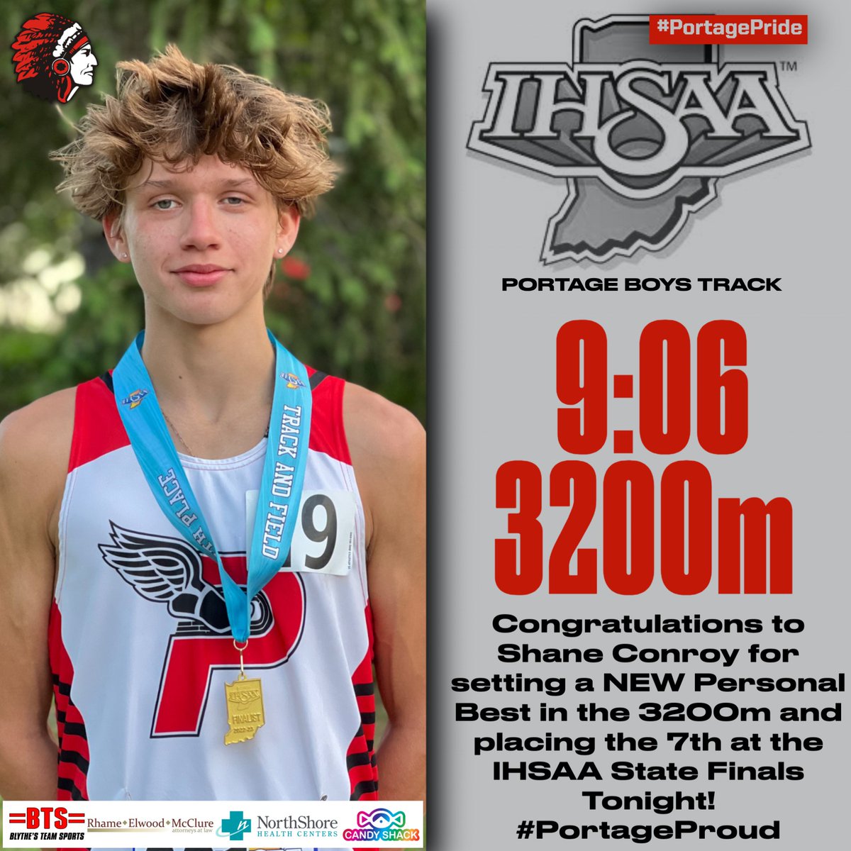 portageathleti1's tweet photo. Congratulations to Shane Conroy for setting a NEW Personal Best in the 3200m and placing the 7th at the IHSAA State Finals Tonight! #PortageProud https://t.co/1vJRznJdyu