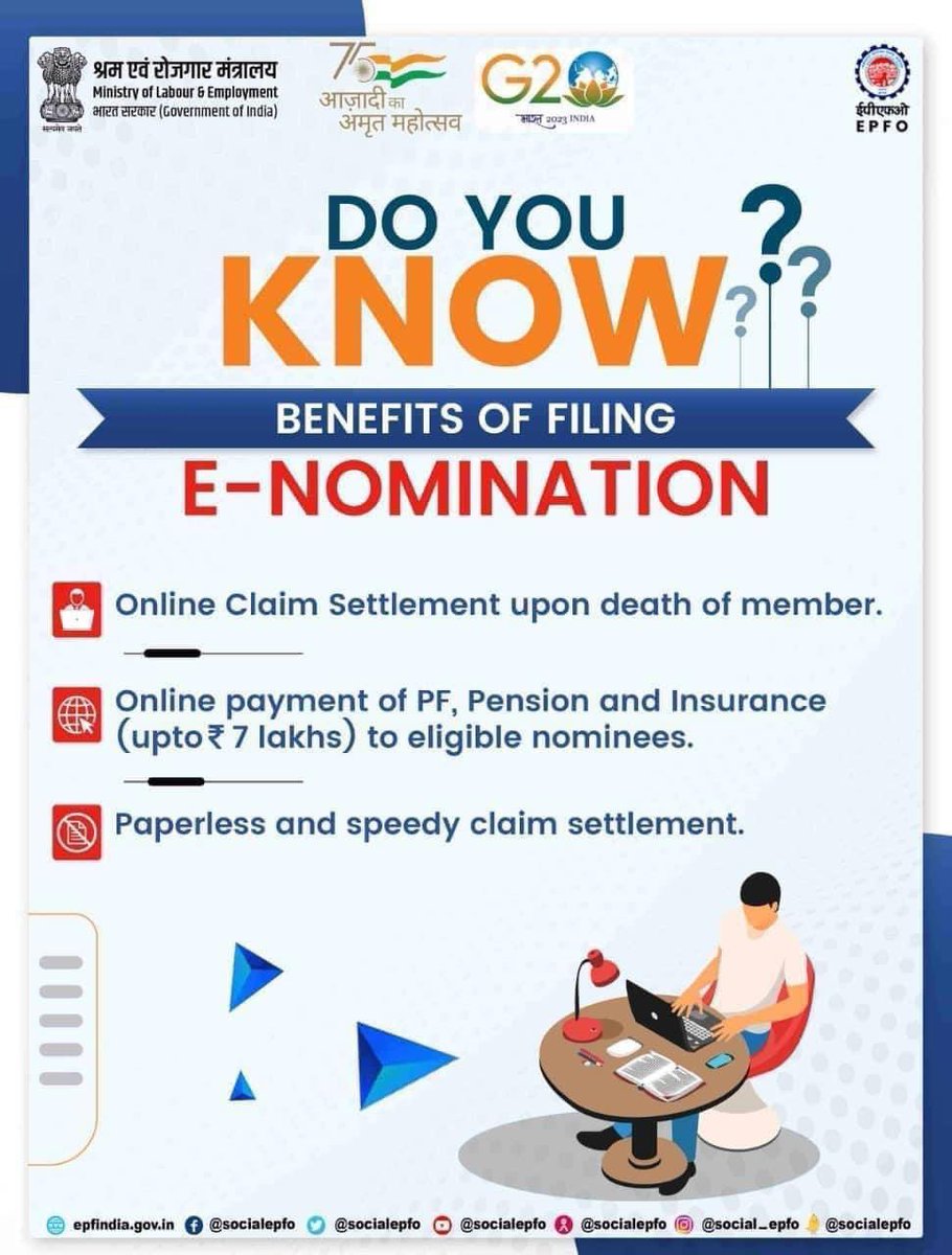 Choose the process of filing e-Nomination for speedy claim settlement.

#AmritMahotsav #epfo #SocialSecurity 

@PMOIndia @byadavbjp @Rameswar_Teli @LabourMinistry @PIB_India @MIB_India @AmritMahotsav