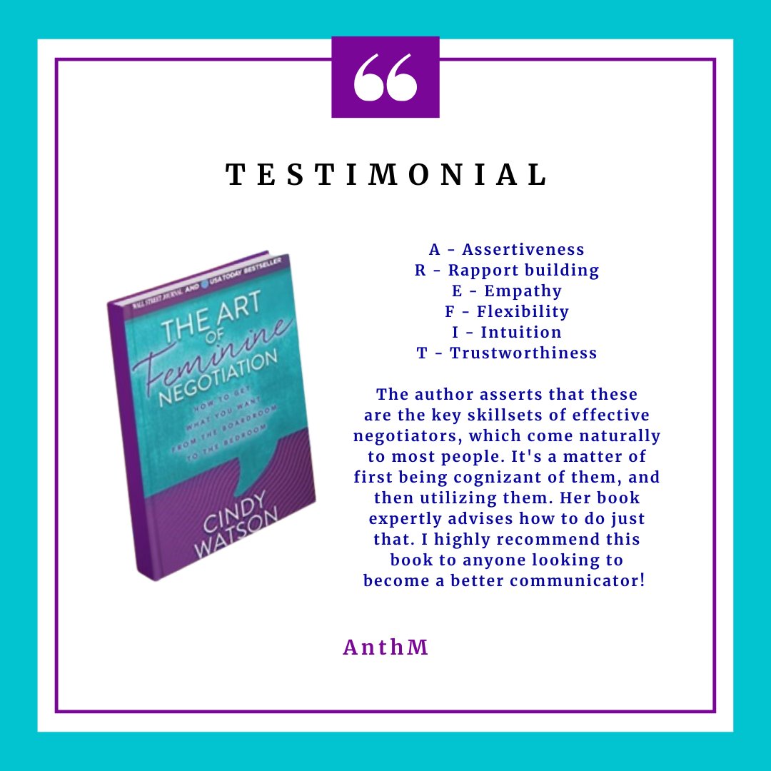 WomenOnPurpose1's tweet photo. Sharing another amazing review!
Thank you very much, AnthM! 🥰

***

Grab your copy now!😇
https://t.co/PCI59OwfNW

#artoffemininenegotiation #negotiation #cindywatson #negotiationexpert #bestsellingbook #bestsellingauthor #HERsuasion #bookreview #testimonial #negotiatingtips https://t.co/5g5LmYqKQ0