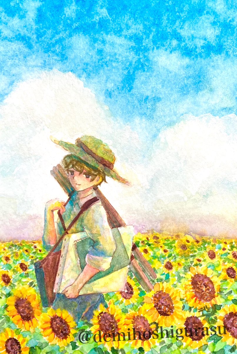 flower sunflower hat solo 1boy sky male focus  illustration images