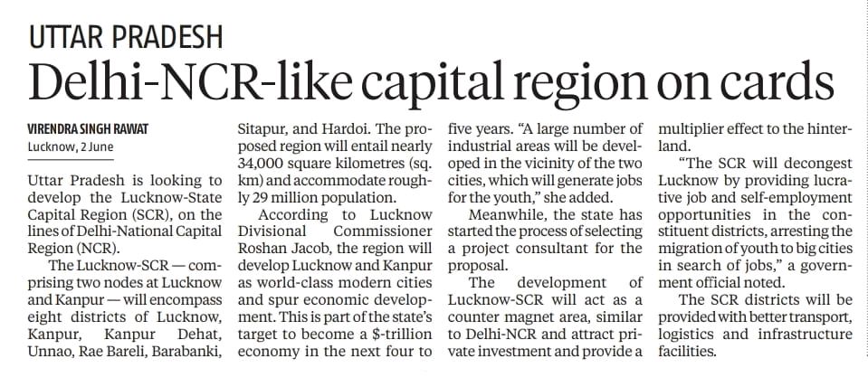 #UP is planning a #Lucknow-SCR on the lines of Delhi-NCR.

It will cover Lucknow, #Kanpur, Kanpur Dehat, #Unnao, #RaiBareli, #Barabanki, #Sitapur and #Hardoi. (BS)

#thecuratednews #news #urbanplanning #governance