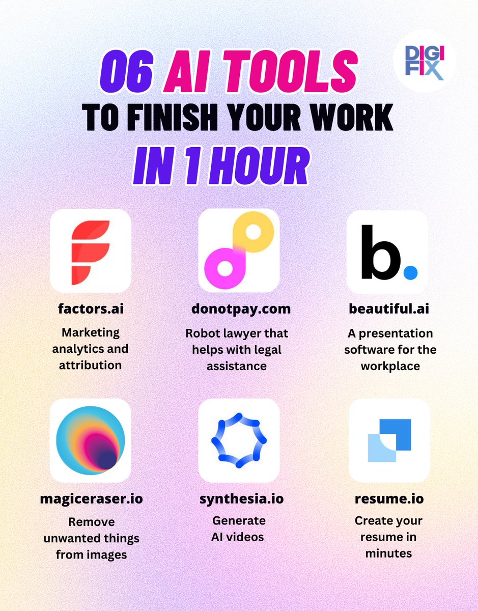 digifixaus's tweet image. Ever wished you could finish your work in just 01 hours? 😃

#WorkSmarterNotHarder #AIProductivityTools #TaskCompletionHacks #TimeSavingAI #EfficiencyBoosters #AIWorkplaceSolutions #MarketingAnalytics #LegalAssistance #PresentationSoftware