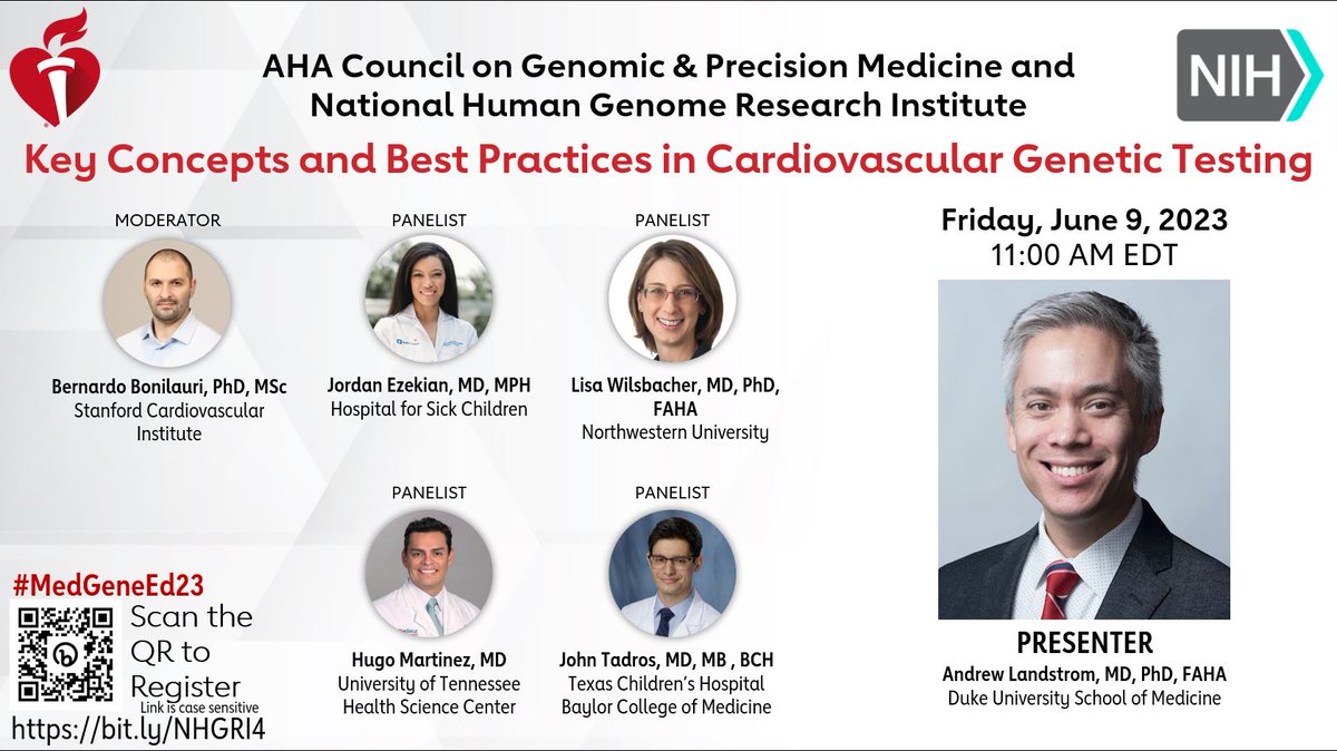 Curious about best practices for CV gene testing? Join AHA & NHGRI for our final free webinar of the series! June 9, 11AM EST! bit.ly/NHGRI4 Part of #MedGeneEd23 @GenPrecisionMed @genome_gov @AHAScience @BBonilauri @JEzekian @LWilsbacher @HugoMartinezMD @hj_tadros