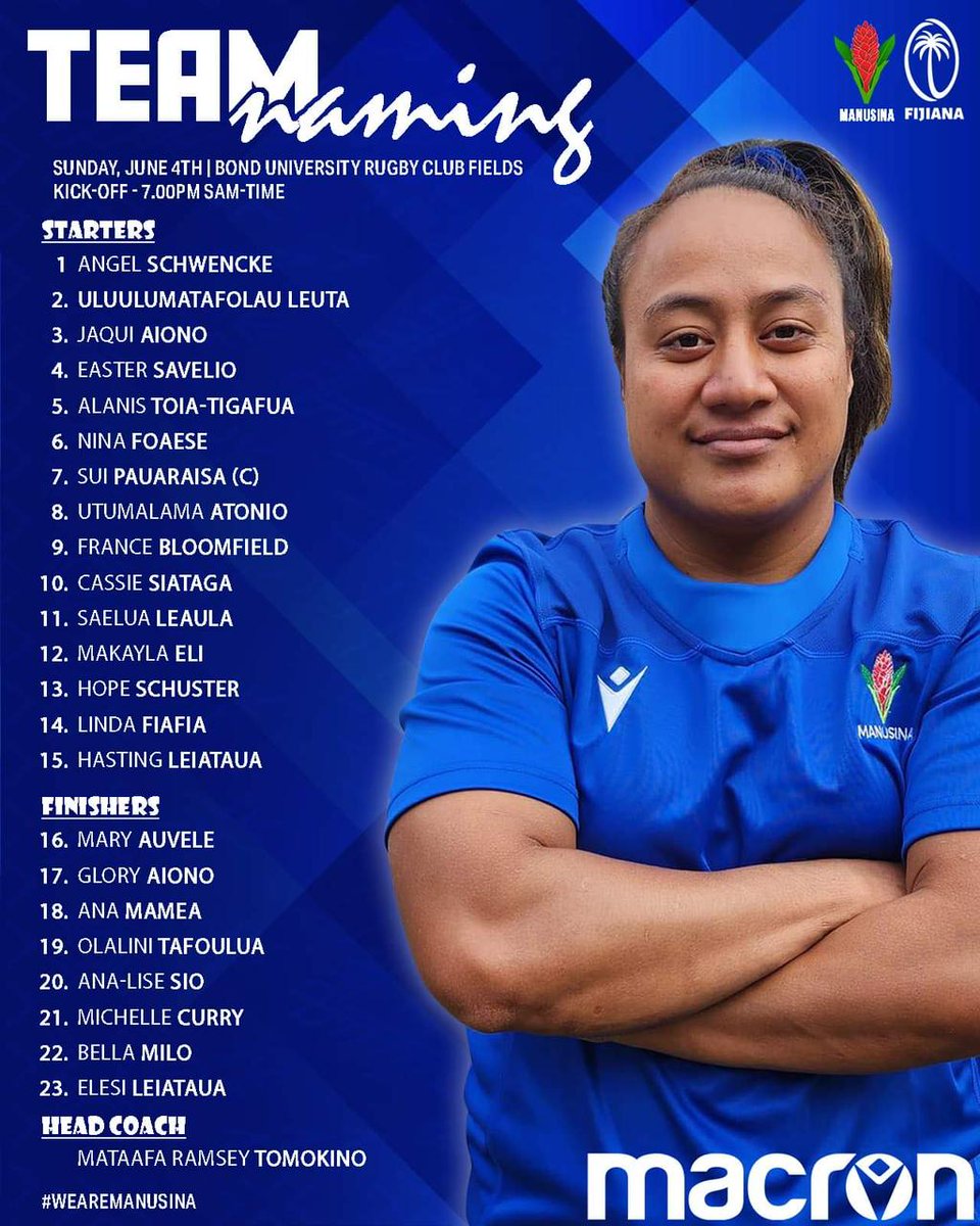 Your Manusina team to play Fijiana tomorrow Sunday 4/6/2023.
4.10pm - Standard Eastern time (AUS).
6.10pm - NZ time 
7.10pm - SAM time