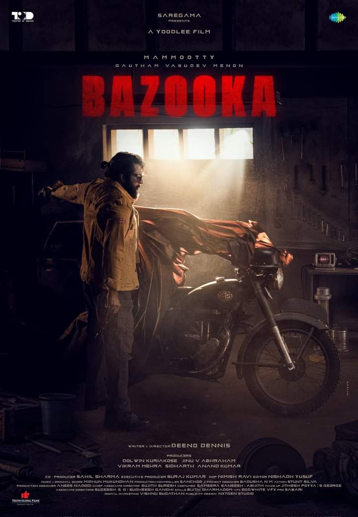Here's the first look poster of #Mammootty, #GauthamVasudevMenon starrer #Bazooka directed by debutant #DeenoDennis. 

Bazooka has cinematography by #NimishRavi, music by #MidhunMukundan and is jointly bankrolled by Saregama, Theatre of Dreams and Yoodlee Films.