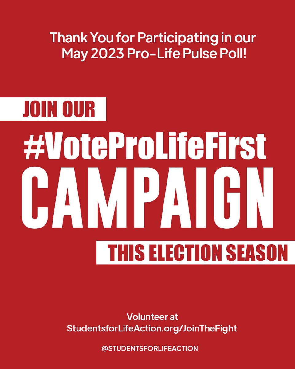 It’s really simple—if you want the #ProLifeGen’s vote, just be 100% pro-life.

We’re going to need your help in 2024 to ensure we elect pro-life candidates to state and federal offices. Sign up now to join our #VoteProLifeFirst campaign at StudentsforLifeAction.org/JoinTheFight! (3/3)