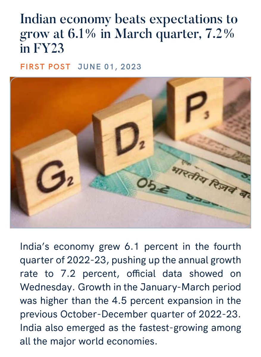 Kumar00082518's tweet photo. Indian economy beats expectations to grow at 6.1% in March quarter, 7.2% in FY23
https://t.co/5VwnIgVcZQ

via NaMo App https://t.co/5xhZizBZox