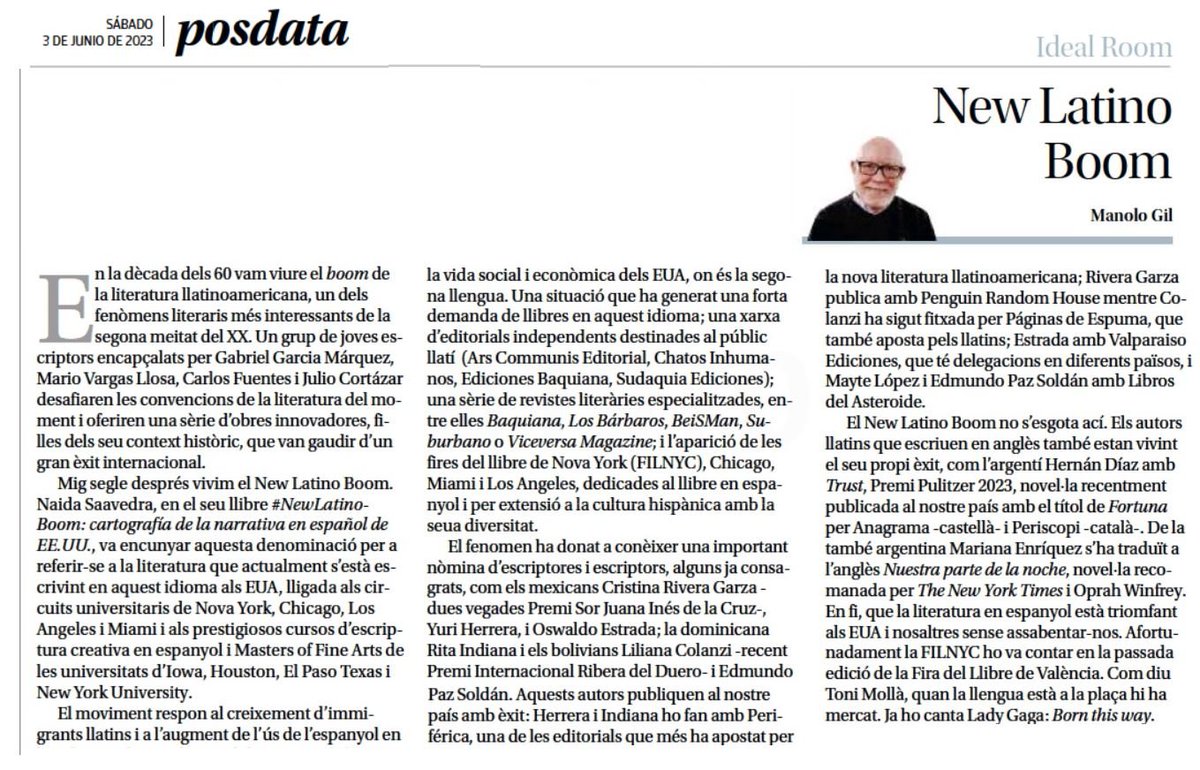 manologild's tweet photo. Hui, al Posdata del @levante_emv, parle del #NewLatinoBoom. Alguns autors, com Yuri Herrera, ens visitaren a la @firallibrevlc. @fil_nyc Dejanira Álvarez @PerifericaEdito @LibrosAsteroide @randomhouse_es @NaidaSaavedra https://t.co/ETZpmdm5Wz