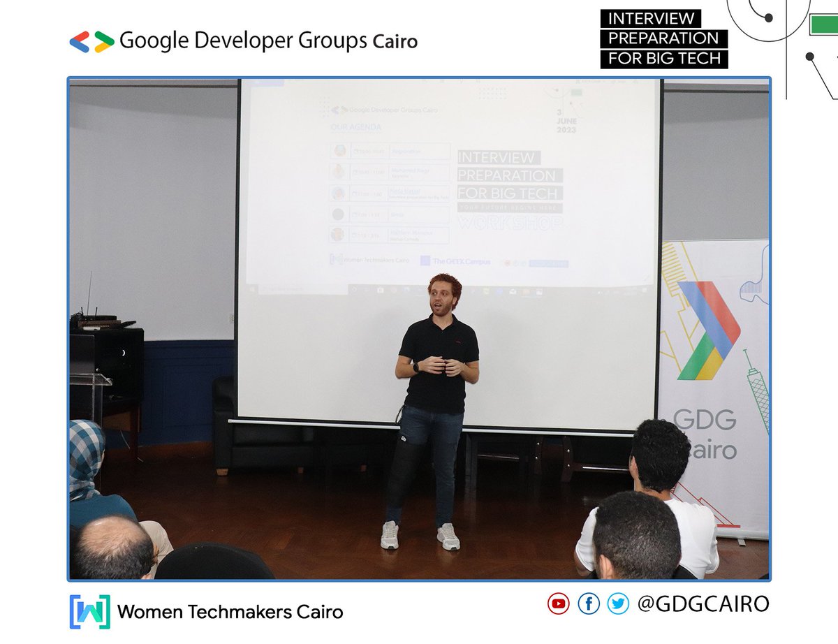 Our Event Interview Preparation for Big Tech is launched. 🥳
Now we have Islam Diaa on stage giving the keynote of the event opening  🔥

Opportunities don't happen, you create them.🤩
#GDGCairo #interviewpreparation #InterviewpreparationforBigTech #BigTech