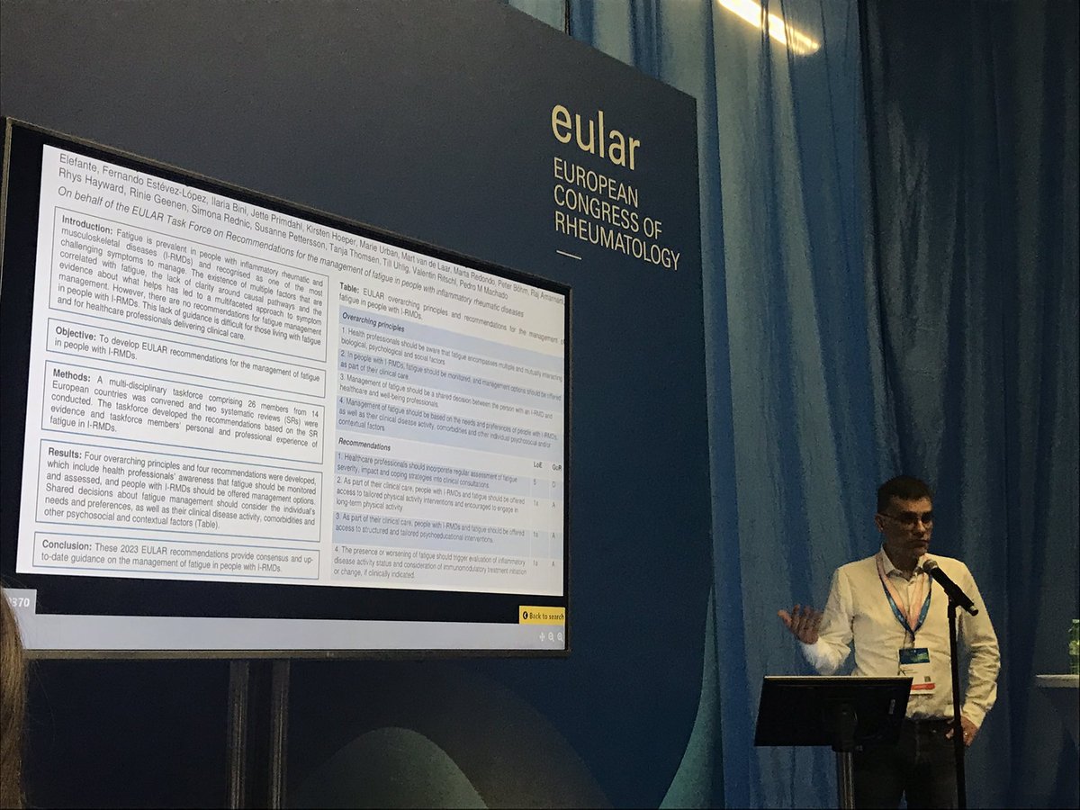 The 2023 EULAR recommendations for the management of fatigue in people with I-RMD were presented by @pedrommcmachado #EULAR2023 👇👇 @EMEUNET @eularHPR @EduardoJFSantos @emmadures