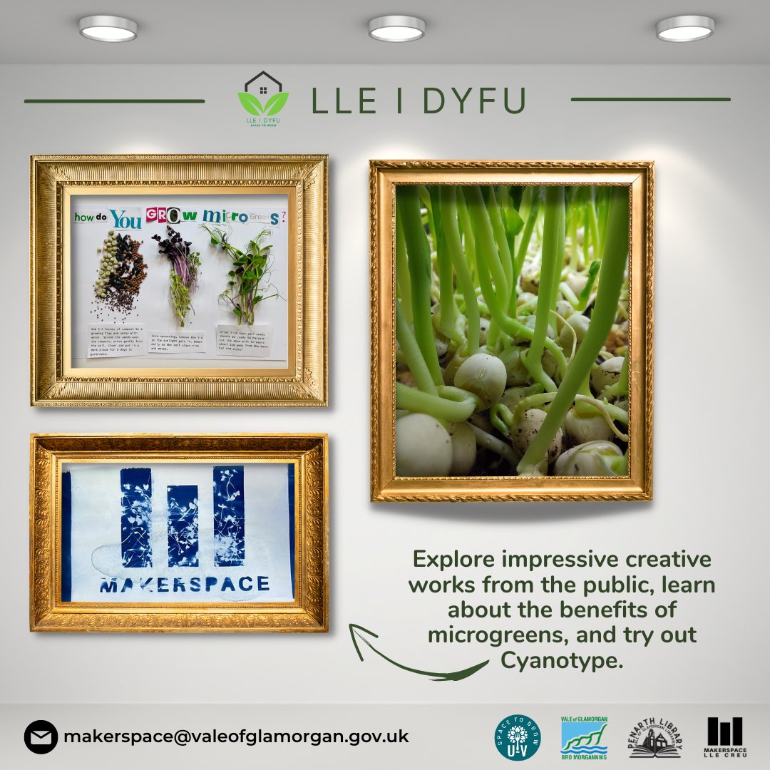penarthlibrary's tweet image. LLE I DYFU EXHIBITION ☘️
Explore impressive creative works from the public, learn about the benefits of microgreens, and try out Cyanotype.
🗓️ Saturday 10th June 2023 at 10-4pm
#Makerspace #Microgreens #Libraries