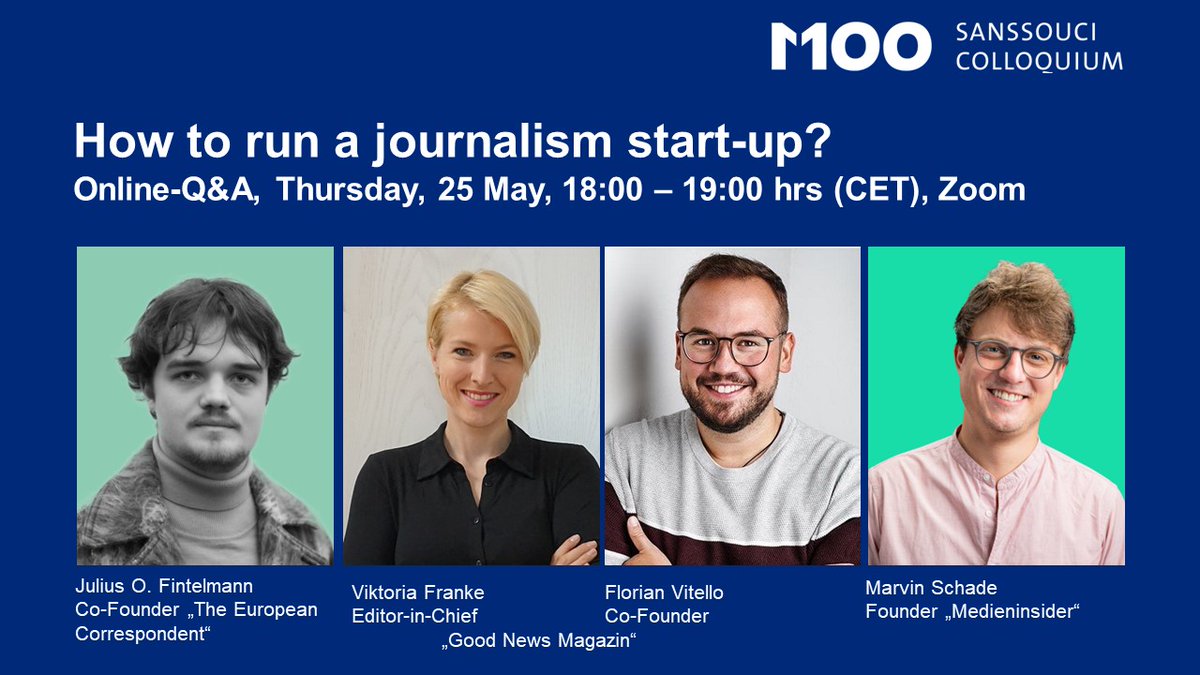 The summary of our online Q&A 'How to run a journalism start-up?' with @jeofintelmann (@EurCorrespond), @FlorianVitello & Viktoria Franke (@goodnews_mag) and @MattBannert (@medieninsider) is now online in English 🇬🇧bitly.ws/GN8G and Deutsch 🇩🇪bitly.ws/GN8S