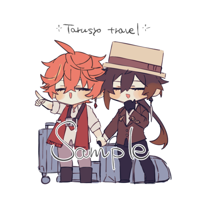 tartaglia (genshin impact) ,zhongli (genshin impact) 2boys multiple boys single earring chibi orange hair closed eyes male focus  illustration images