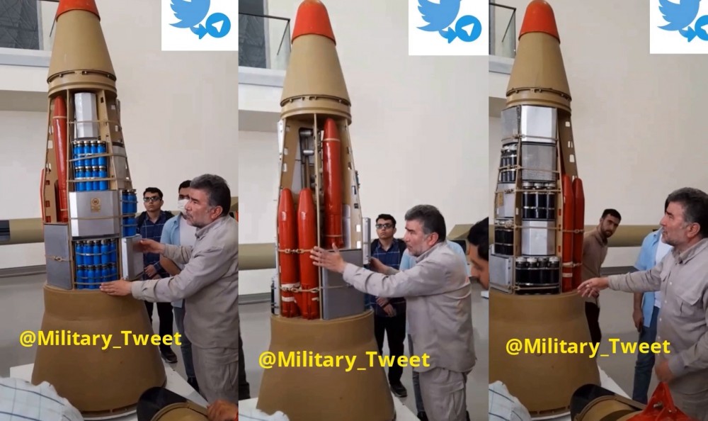 Cluster warhead of one of the Iranian ballistic missiles. (Photo via X/@militart_tweet)