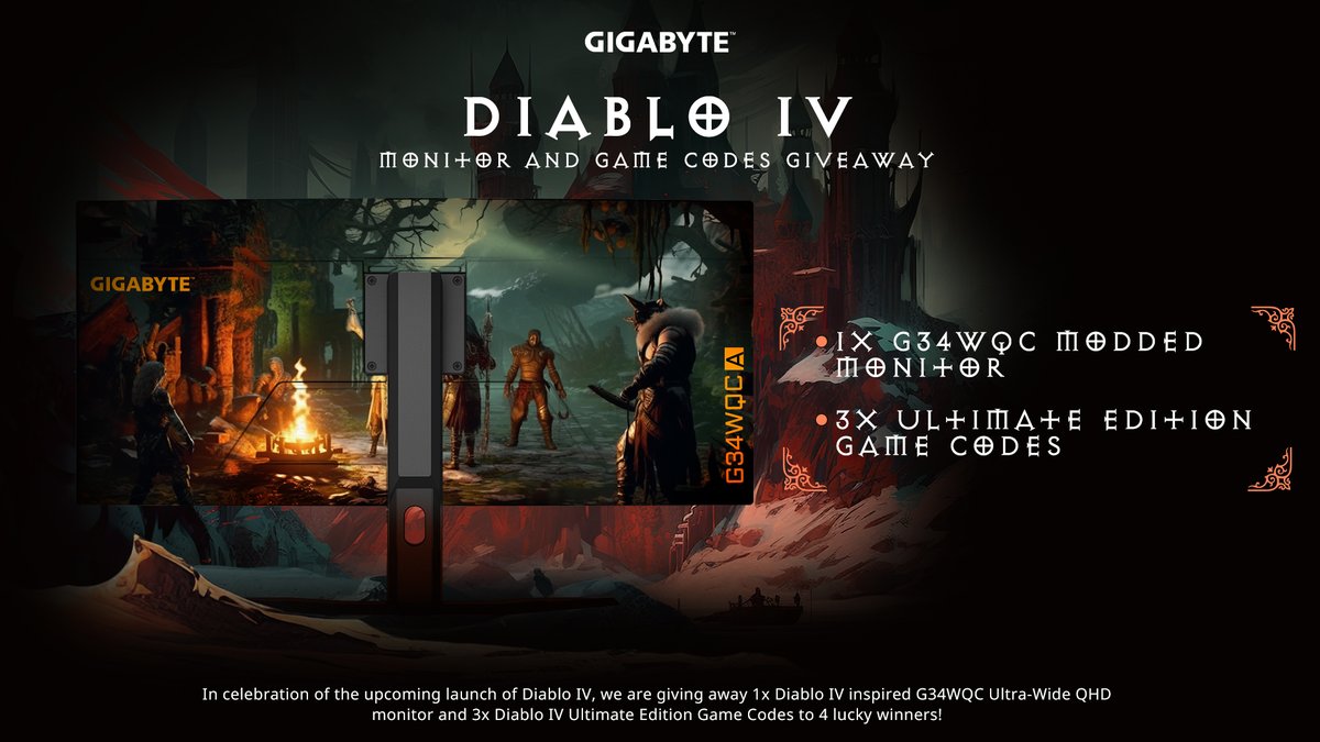 To celebrate the upcoming Diablo IV launch, we are GIVING AWAY 1x G34WQC D4 inspired ultra-wide monitor and 3x Ultimate Edition game codes! Who’s ready for Sanctuary?! 
TO ENTER 
🙏 Follow youtube.com/@gamertima28
✅ RT and Like!
#concour #contest
#ContestAlert
#GIGABYTE #Diablo4