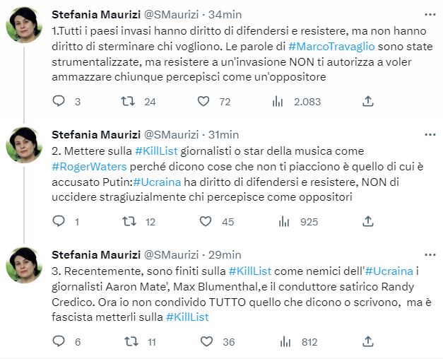 Se volete partecipare (virtualmente) alle riunioni di redazione del #fattoquotidiano leggete i tweet della giornalista investigativa Stefania Maurizi.
Tema del giorno: gli ucraini sono terroristi. Svolgimento: ha stata la KillList 
#travaglio