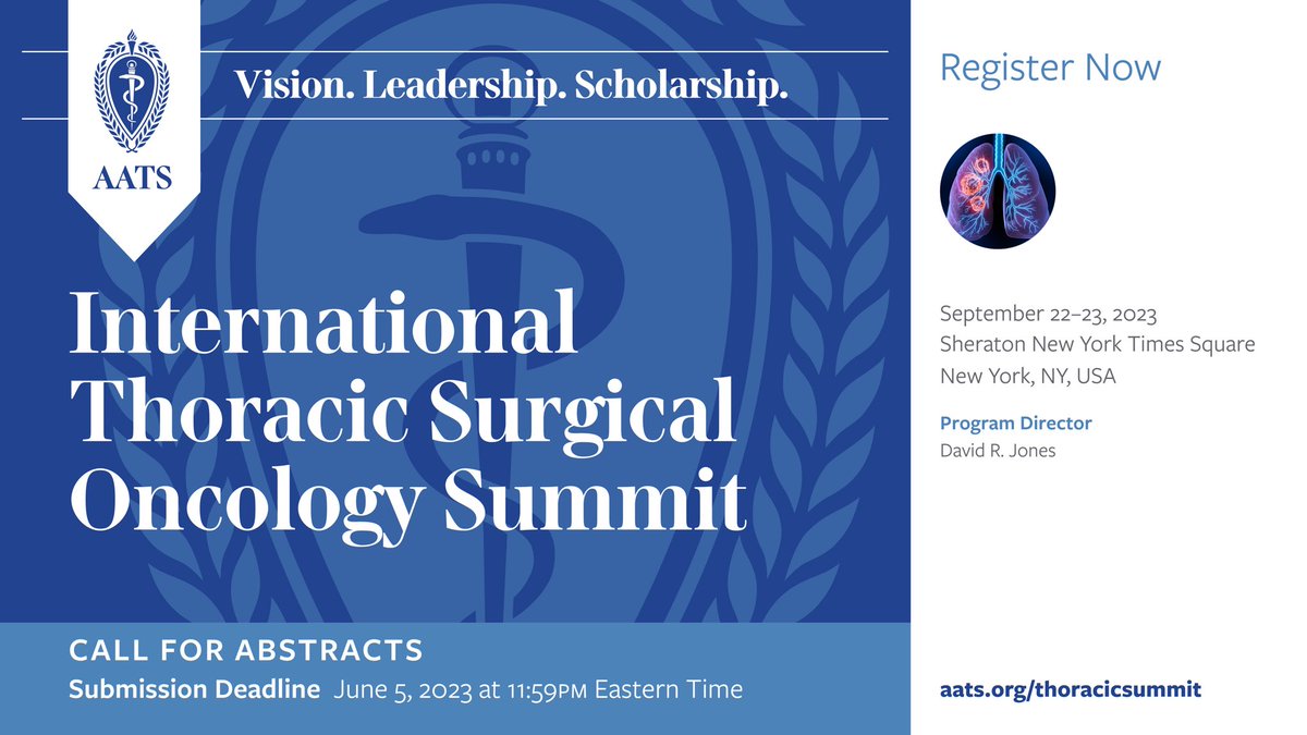 Jones David R. (@jonesdavid2013) on Twitter photo AATS ITSOS 2023 Meeting
September 22-23, NYC
Abstract deadline is June 5!! Going to be another great thoracic surgical oncology meeting!! <a href="/MSK_Thoracic/">ThoracicSurgeryMSK</a> <a href="/MSKCancerCenter/">Memorial Sloan Kettering Cancer Center</a> <a href="/AATSHQ/">AATS</a>
2023 Giant’s Lectures by Masahiro Tsuboi <a href="/MasahiroTsuboi/">masahiro tsuboi</a> and Yolonda Colson <a href="/DrYolondaColson/">Yolonda L. Colson MD, PhD</a> AATS ITSOS 2023 Meeting
September 22-23, NYC
Abstract deadline is June 5!! Going to be another great thoracic surgical oncology meeting!! <a href="/MSK_Thoracic/">ThoracicSurgeryMSK</a> <a href="/MSKCancerCenter/">Memorial Sloan Kettering Cancer Center</a> <a href="/AATSHQ/">AATS</a>
2023 Giant’s Lectures by Masahiro Tsuboi <a href="/MasahiroTsuboi/">masahiro tsuboi</a> and Yolonda Colson <a href="/DrYolondaColson/">Yolonda L. Colson MD, PhD</a>