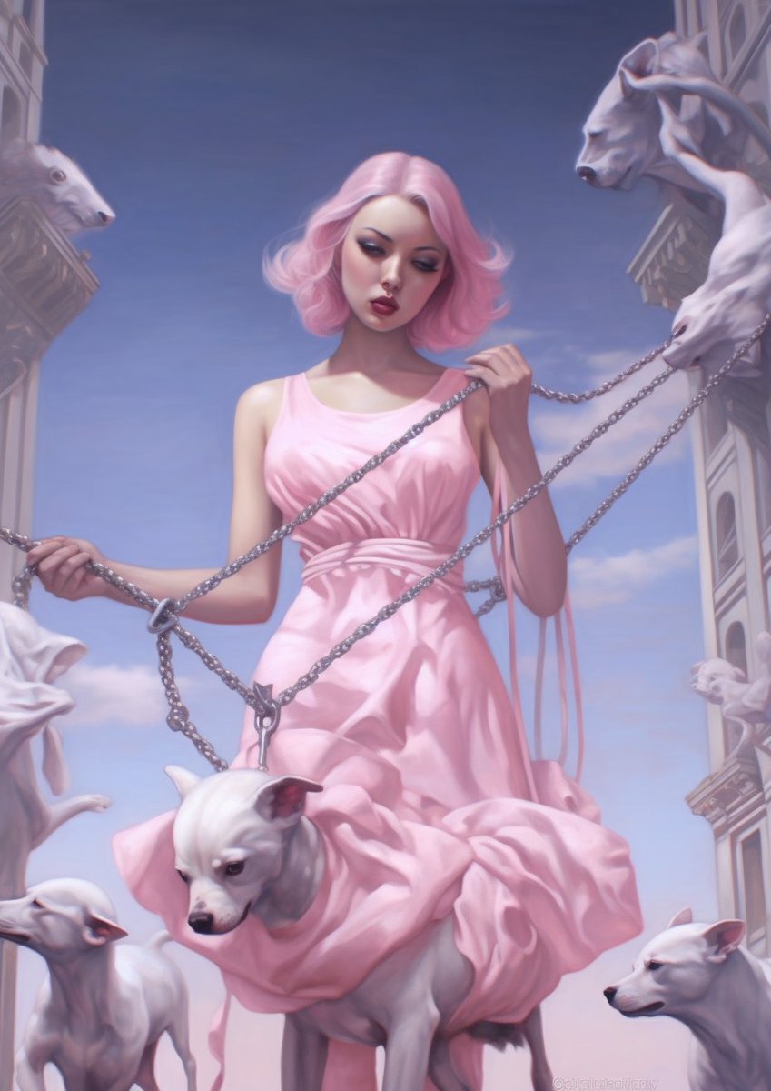 art of the girl holding the leash, in the style of hybrid creature compositions, white and pink, gigantic scale, freakshow, i can't believe how beautiful this is, romantic illustration, realistic yet ethereal --ar 5:7 #midjourney