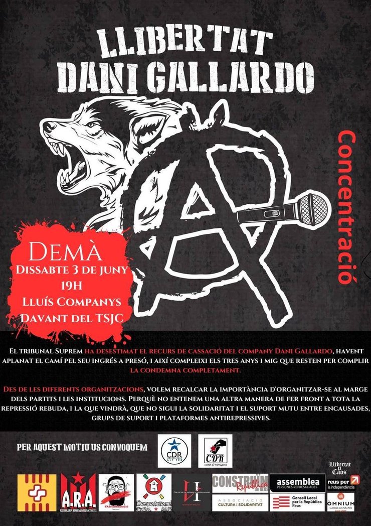 📢 #AVUI Dissabte #HOY Sábado
📅 #3juny #3junio #DaniLibertad
🕖19h📍 #TSJC #Barcelona

❌Contra sentència condemnatòria del TS
👉🏼Exigim #DaniGallardoLlibertat
✊🏼Ningú més a la presó‼️

cc. <a href="/IzcaNacional/">Izquierda Castellana</a> <a href="/Coordinadora25S/">Coordinadora 25S</a> <a href="/MadriDecidirCAT/">MadridDerechoDecidir</a> <a href="/assemblea_int/">Assemblea International</a> <a href="/catalanassembly/">Catalan Assembly | Assemblees Exteriors ANC II★II</a> <a href="/assemblea/">Assemblea Nacional Catalana</a>