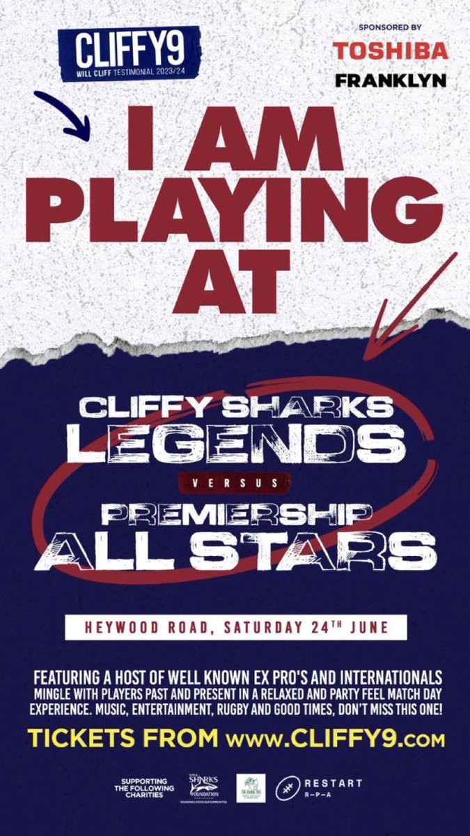 If you fancy getting a rugby fix during the off season then get down and support Will Cliffs Testimonial game 🙌🏻🏉🦈 🎫 ➡️ cliffy9.com 🏟 Heywood Road - Sale 🗓 24th June ⏰ 3pm Kick off @Will_Cliff88