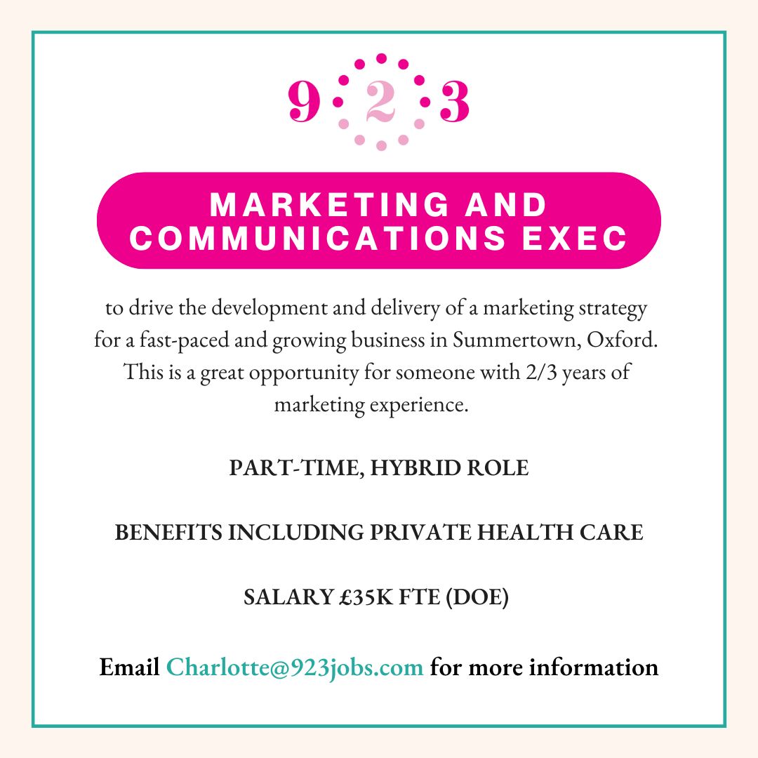 ⭐️JOB SHOUT OUT⭐️

We are looking for a brilliant Marketing & Communications Exec to join a dynamic and fast-paced team based in Summertown, Oxford.

If interested, please email Charlotte@923jobs.com

#marketingjob #marketingexec #newjob #jobsearch #flexiblejob #workingparents