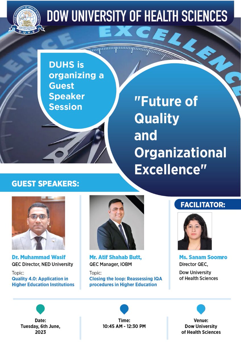 Guest Speaker Session at DUHS on
'Future of Quality and Organizational Excellence.'

𝐒𝐚𝐯𝐞 𝐭𝐡𝐞 𝐝𝐚𝐭𝐞:
𝐓𝐮𝐞𝐬𝐝𝐚𝐲, 𝟔𝐭𝐡 𝐉𝐮𝐧𝐞 𝟐𝟎𝟐𝟑 | 𝟏𝟎:𝟒𝟓 𝐚𝐦 𝐭𝐨 𝟏𝟐:𝟑𝟎 𝐩𝐦.
Registration Link: tinyurl.com/2y74n34u

#DUHS #GuestSpeaker #FutureOfQuality