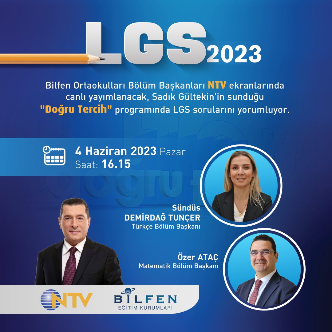 Bilfen Ortaokulları Bölüm Başkanları NTV ekranlarında canlı yayımlanacak, Sadık Gültekin'in sunduğu "Doğru Tercih" programında LGS sorularını yorumluyor.
4 Haziran 2023 Pazar Saat: 16.15
#bilfen #LGS #LGS2023