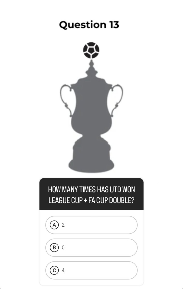 Question 13: How many seasons has United won the League Cup &amp; FA Cup Double ?