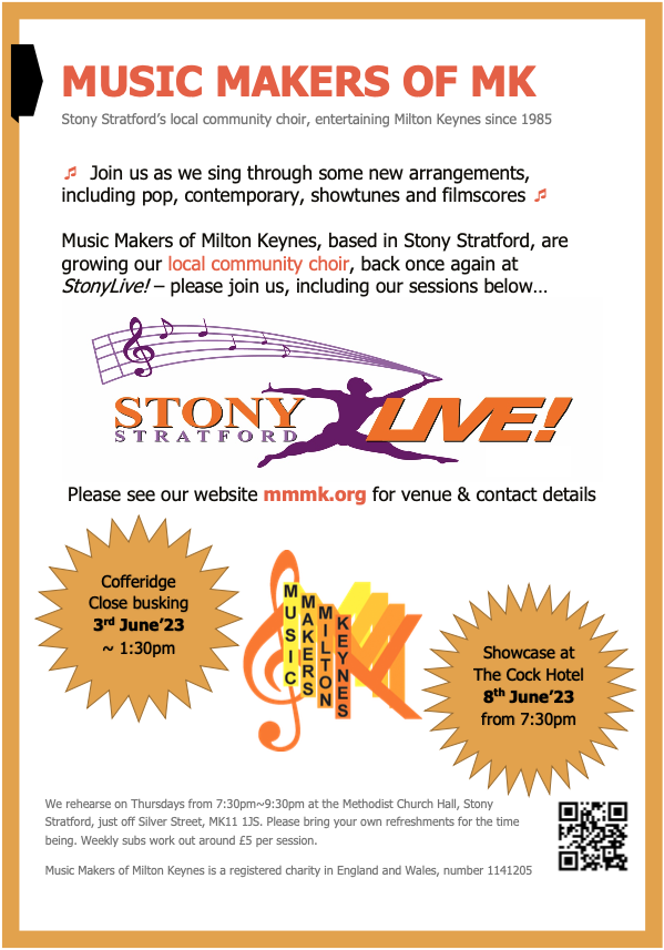 Our first set for StonyLive 2023 today - come along and listen from 1:30-2:30pm on Stony High Street near the Cofferidge Close entrance. See more on mmmk.org