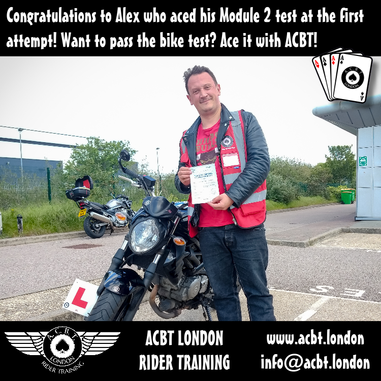 Well done to Alex who aced the Module 2 test at the first attempt!

Want to pass the bike test? Ace it with ACBT!

🌏 acbt.london 📷 0208 331 1103

Alex had tried unsuccessfully in the past to pass the test. He came to us and after a training day passed with a clean