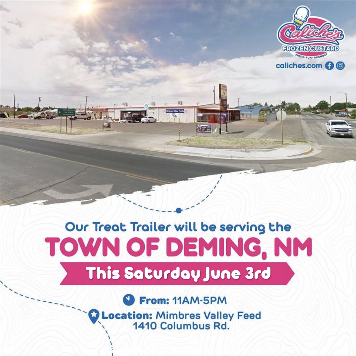 The Caliche’s Treat trailer is coming back to Deming! We will be serving our famous frozen custard Saturday, June 3rd, 2023 in Deming, NM at the Mimbres Valley Feed from 11AM-5PM. Come out and grab your favorite frozen treat! #treattrailer #caliches #frozencustard #deming