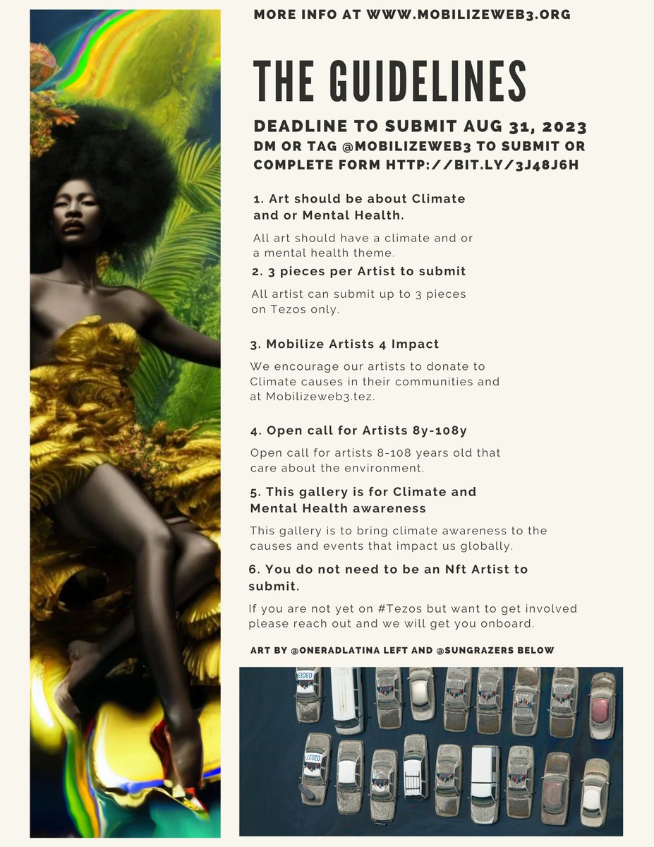 MobilizeWeb3's tweet photo. Celebrating our #mw3climate gallery we are expanding our open call for art that symbolizes #mentalhealth and #EnvironmentalJustice until 8/31/2023 All art forms and mediums are welcome.π#Mobilizeweb3 Artists that submit by the 8/31/23 will be interviewed on #Spaces 11/11/23 https://t.co/cKTgDc5abi