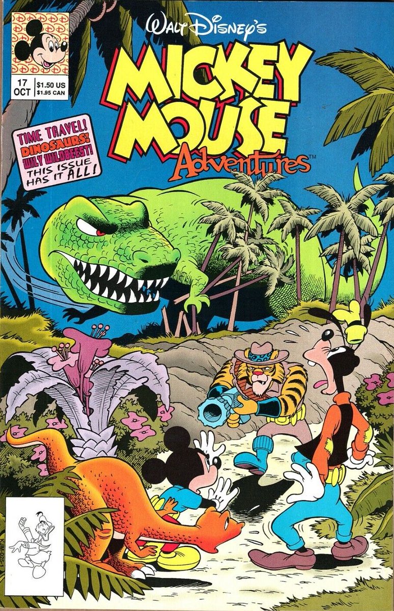 Happy National Dinosaur Day! Let’s celebrate with this art by the great Rick Hoover for Mickey Mouse Adventures #17 October 1991, wherein time-travelers Mickey and Goofy meet up with some prehistoric critters.
