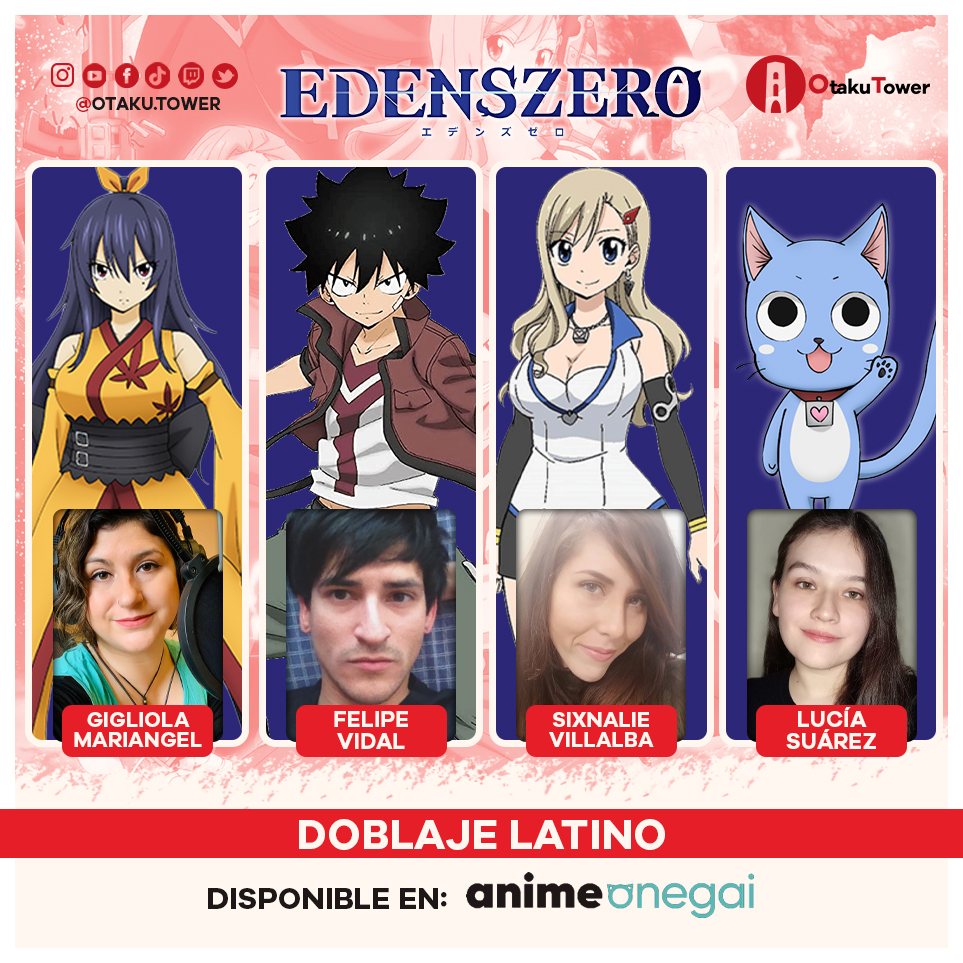 🗞️ News: A partir del sábado 3 de Junio podrás disfrutar del simuldub de la segunda temporada de "Edens Zero" en la plataforma de <a href="/Anime_Onegai/">Anime Onegai</a>  .  
🎙Elenco (1/2): 
♦️ #FelipeVidal como Shiki. 
♦️ <a href="/Naliesav/">Sixnalie Villalba</a>  como Rebecca. 
♦️ <a href="/lucyvinchi/">Lucía Suárez</a>  como Happy. 
♦️ <a href="/gigivoz/">Gigi 🌳🎙🦄</a>  como Homura.