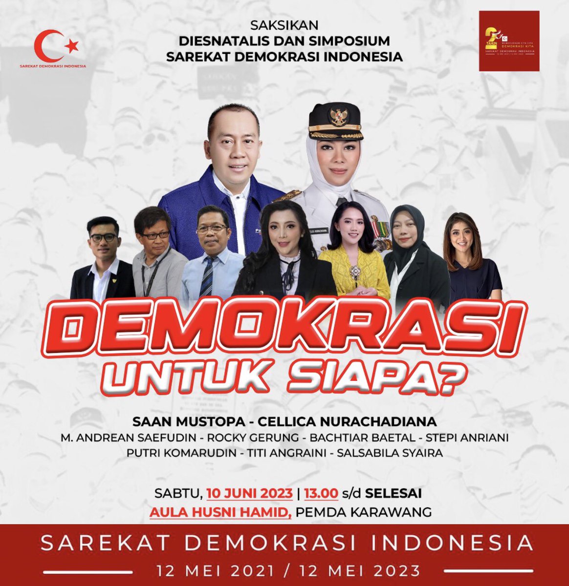 Demokrasi Untuk Siapa ? Diesnatalis & Simposium Sarekat Demokrasi Indonesia; bersama @rockygerung @SaanMustopa @salsabilaSRD @PuteriKomarudin @TitiAngraeni dll. #bissmilah #demokrasikita #2TahunSDI #KedaulatanRakyat #Pemilu2024