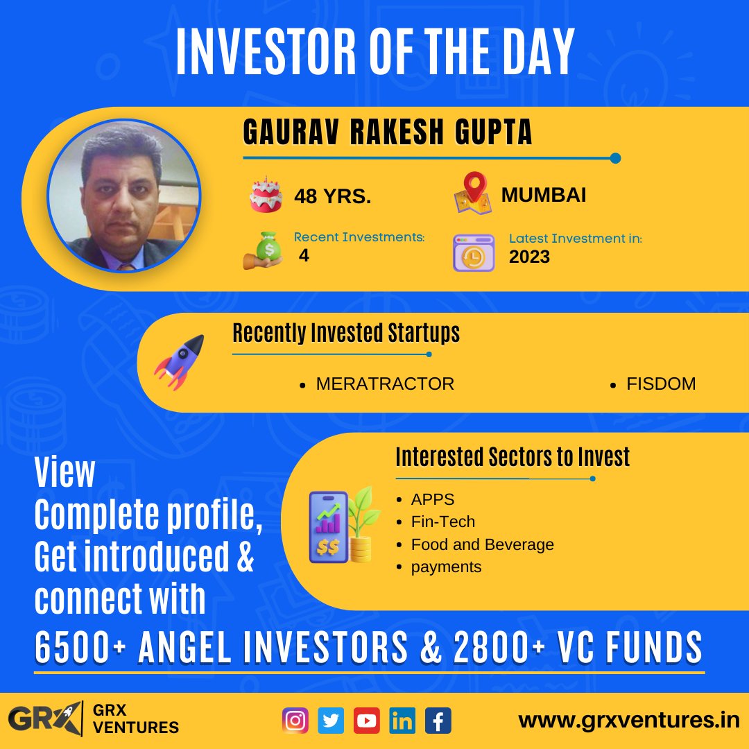 Gaurav Rakesh Gupta, a 48-year-old #investor from Mumbai, recently #invested in #Meratractor and is #interested in used tractors, #fooddelivery, and #mutualfund #investments. Connect with him to expand your network. #Grxventures
#InvestorSpotlight
#StartupInvestments
