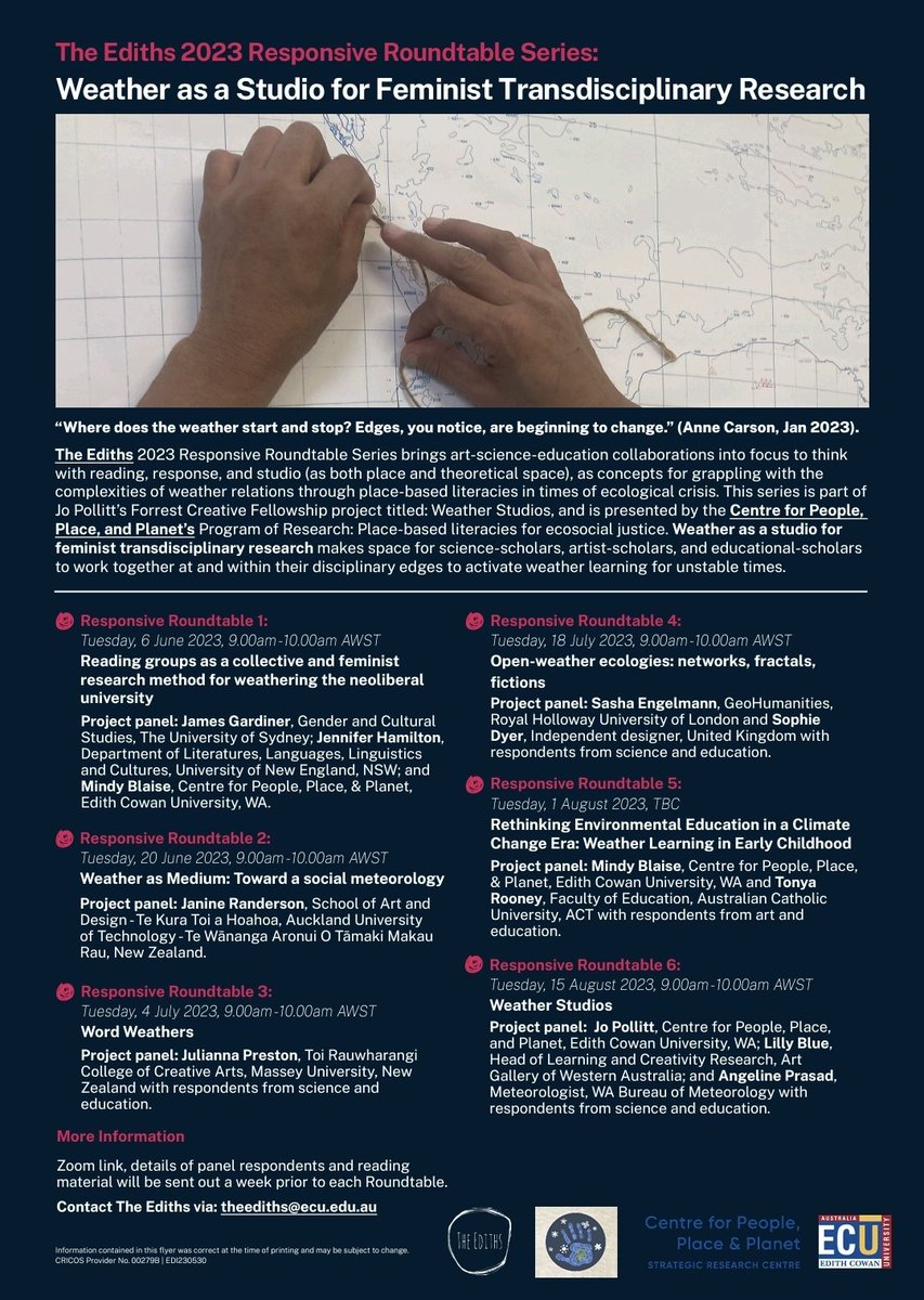 The Ediths (@theedithsecu) on Twitter photo Announcing our upcoming series: Weather as a Studio for Feminist Transdisciplinary Research. Details attached! <a href="/EdithCowanUni/">Edith Cowan University (ECU)</a> #ResponsiveRoundtable Join our mailing list to receive invites and Zoom links: theediths.org Announcing our upcoming series: Weather as a Studio for Feminist Transdisciplinary Research. Details attached! <a href="/EdithCowanUni/">Edith Cowan University (ECU)</a> #ResponsiveRoundtable Join our mailing list to receive invites and Zoom links: theediths.org