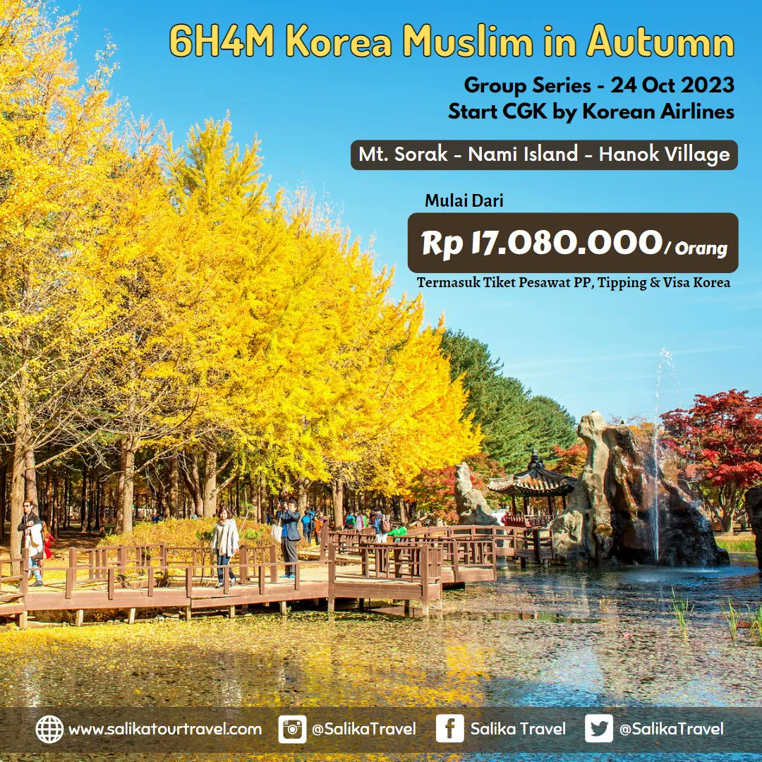 Musim gugur, musim yang tepat untuk ke Korea dimana cuaca sangat bersahabat dengan suhu sedang & langit yg cerah

Info selengkapnya
salikatourtravel.com/tour/detail/6h…

atau wa.me/6281945166878

T&C Apply
#SalikaTravel
#BestDeals
#GroupSeries
#TourWithSalikaTravel
#JoinTourSalikaTravel