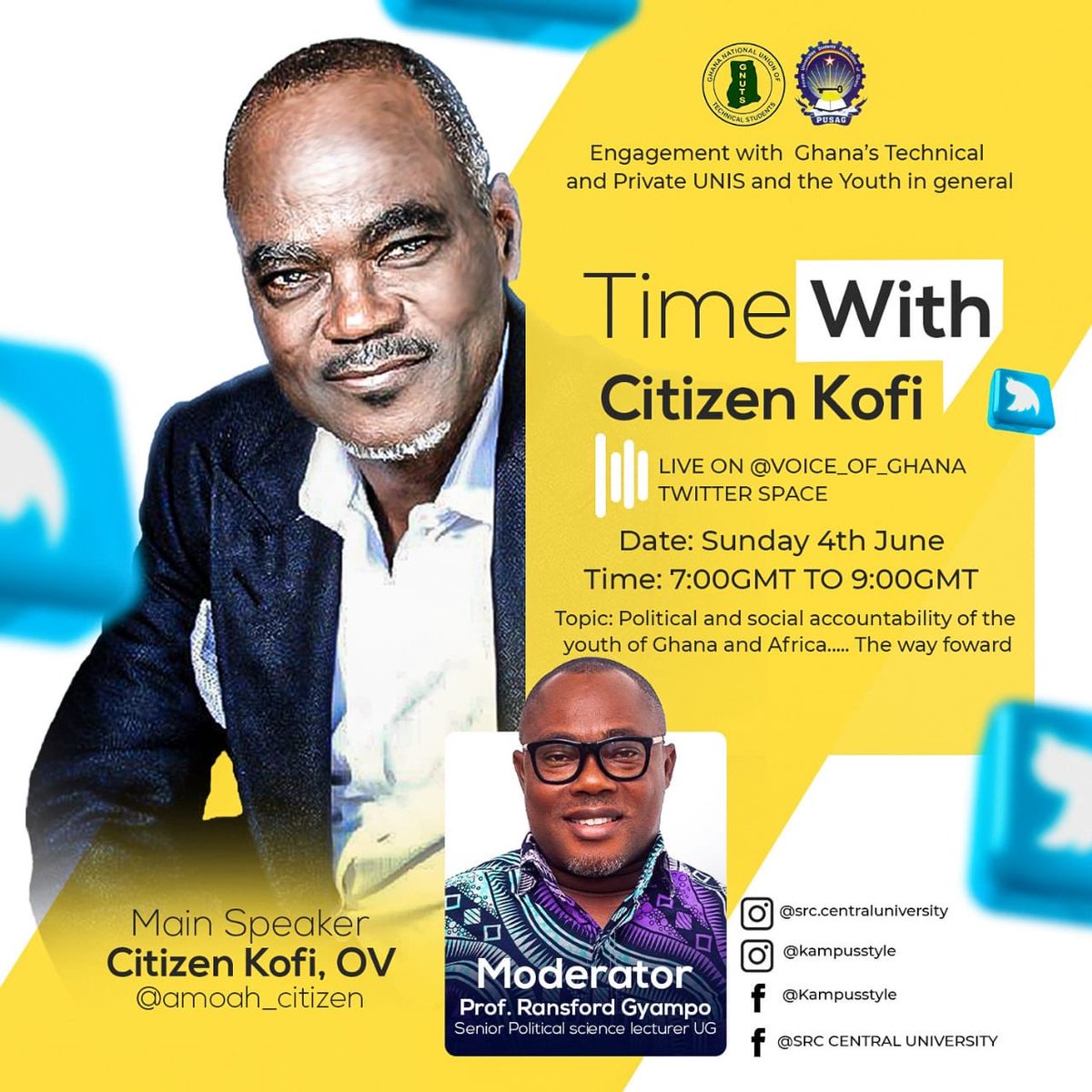 Time for a platform for the Youth of Africa for discussions that can ignite transformation

Ghana, Nigeria …all Africa face progress-inhibiting challenges as well as enormous leapfrogging opportunities for creating wealth for our people

Pls tune in to learn n also contribute👍