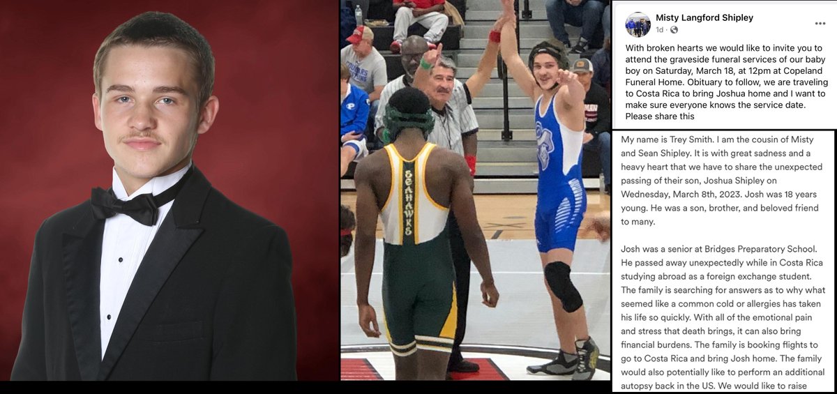 Beaufort, SC - 18 year old wrestler Joshua Shipley died suddenly on March 8, 2023 while studying abroad at Colegio Tecnico Profesional Ricardo Castro Beer in Orotina, Costa Rica 

His passing was unexpected and unexplained.

He was very athletic.

#DiedSuddenly #cdnpoli #ableg