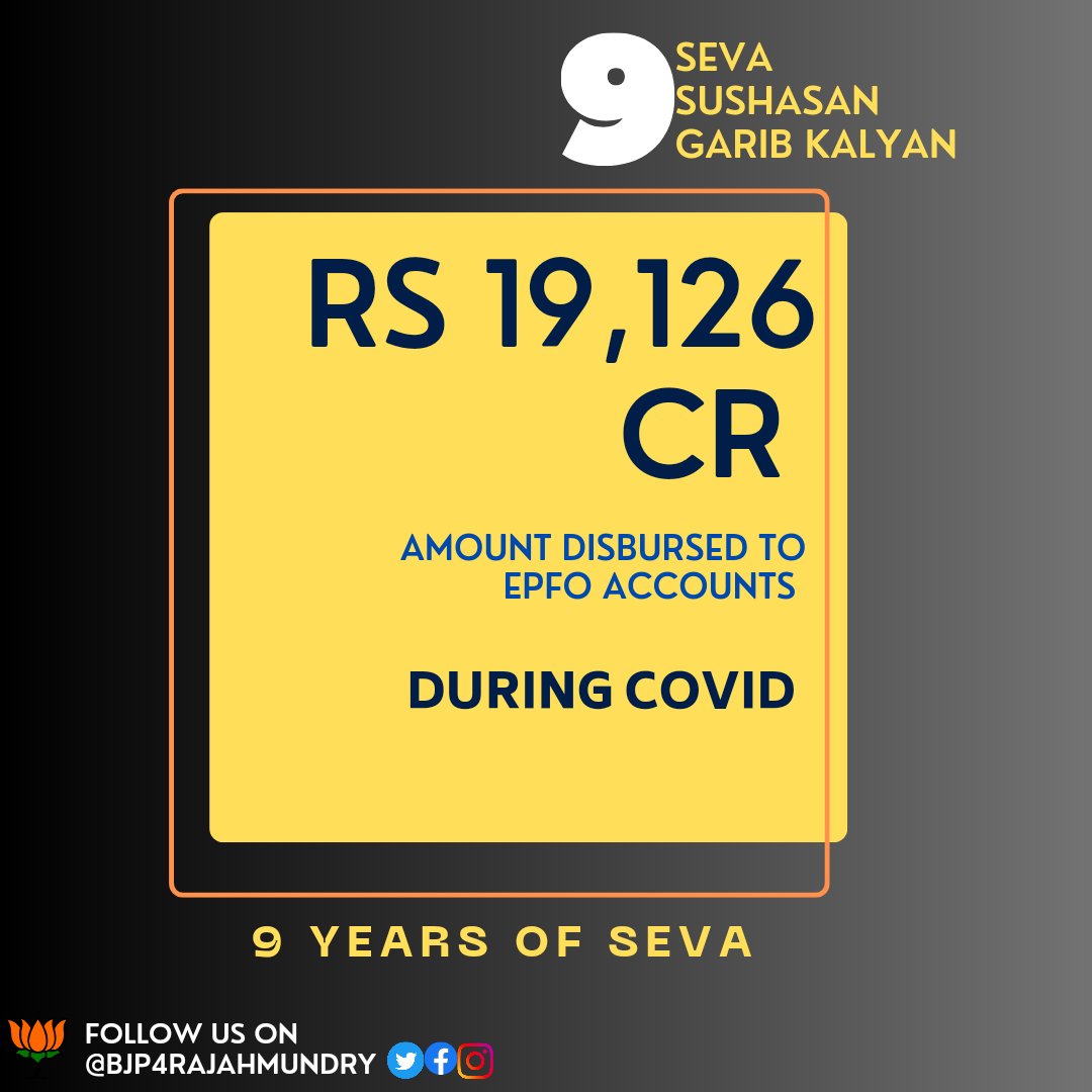 Rs. 19,126 Crore.

Amount disbursed To epfo Accounts During Covid.

#9YearsOfSeva 
#9YearsEmpoweringAnnadatas 
#9YearsOfGaribKalyan