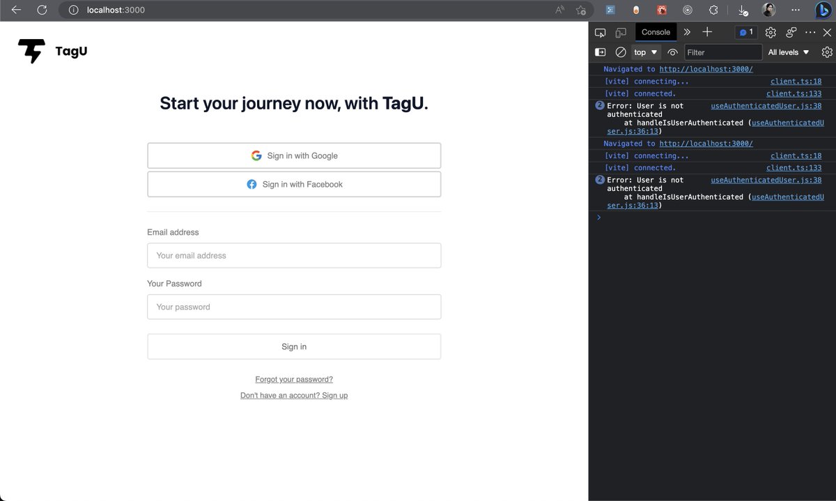 It’s Friday night and time to #buildinpublic! 🤓

The authentication for trytagu.com is complete🔥

Tech stack used for this project:
- React 
- ViteJS
- TailwindCSS
- Supabase
- React Router
- Zuztand
- Axios

What technologies are you using for your project? 🚀