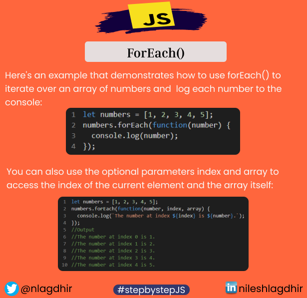 nlagdhir's tweet photo. 🌟 JavaScript's forEach method:
Iterate through arrays like a boss!
🚀 It's concise, elegant, and saves you from manual loops. 🔄 Embrace the power of forEach and level up your coding game! 💪
#JavaScript #forEach #Coding https://t.co/3Rp4wRs7XO