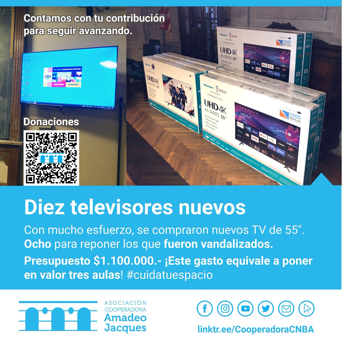 CooperadoraCNBA's tweet photo. Compramos 10 TVs de 55" como parte del compromiso de colaborar reponiendo las 8 TVs vandalizadas .
Presupuesto: $ 1.100.000. 
#cuidatuespacio. 
¡Este gasto equivale a poner en valor 3 aulas!
https://t.co/5lU3UuVpG9 https://t.co/nhByaqRFYB