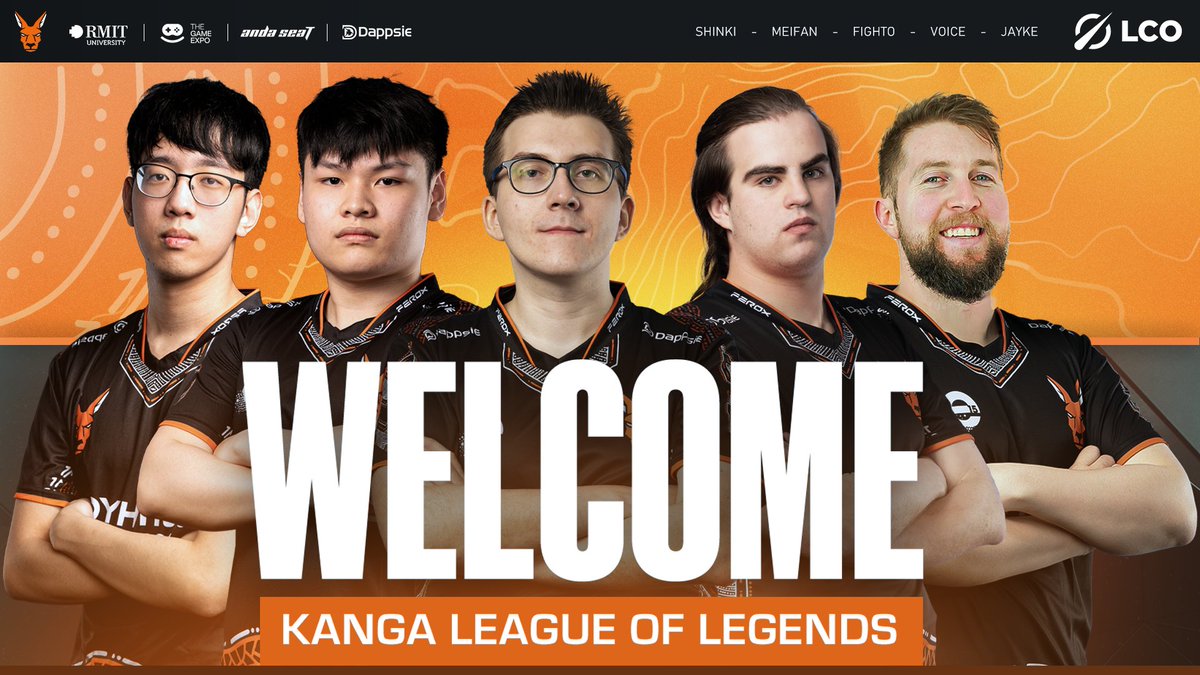 Introducing the Kanga 2023 // Split 2 Roster!

🛡️ <a href="/ShinkiOCE/">Shinki</a>
🌴 <a href="/BuyRyce/">Meifan</a>
⚔️ <a href="/Fightozzz/">Fighto</a>
🔫 <a href="/Voice_ADC/">Voice_OCE</a>
🧙‍♂️ <a href="/JaykeLoL/">jayke</a>

#KangGang🦘 | #KNGWIN