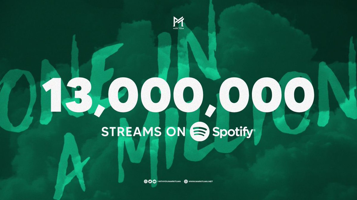 “One in a Million” surpassed 13M streams on Spotify 💚

open.spotify.com/track/1dkhx3oH…

Cheers to another million achieved! 🥂 Continue to stream and Shazam together~🫰🏻

#MarkTuan_OneInAMillion 
#MarkTuan #Mark #段宜恩 #마크 
@marktuan @dnaofficial