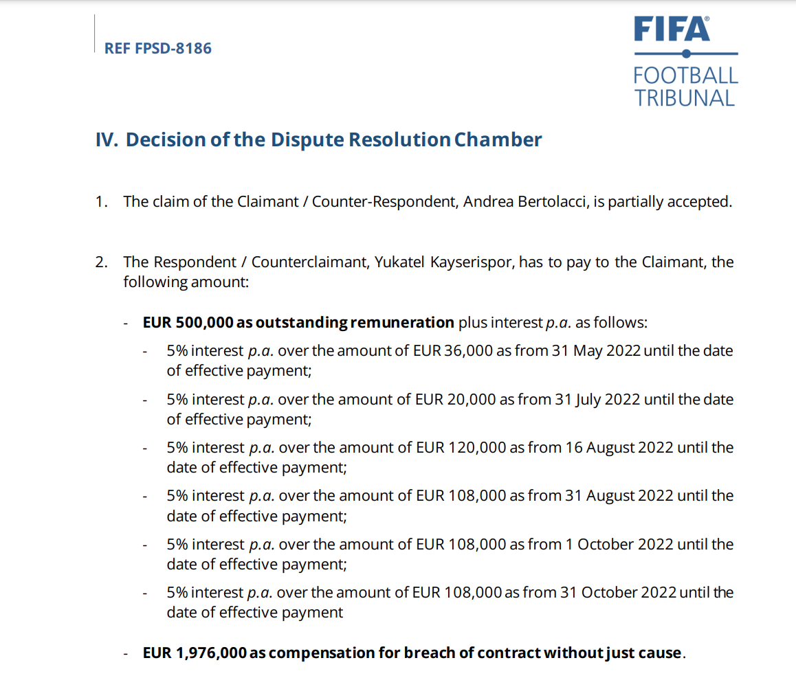FIFA Uyuşmazlık Çözüm Kurulu (DRC), Andrea Bertolacci tarafından #Kayserispor'a karşı açılan davada gerekçeli kararı açıkladı. Gerekçesini aşağıda açıklayacağım üzere Futbolcuya bakiye borç olan €500.000 ve sözleşmenin haksız feshedilmesi nedeniyle €1.976.000 tazminat olmak…