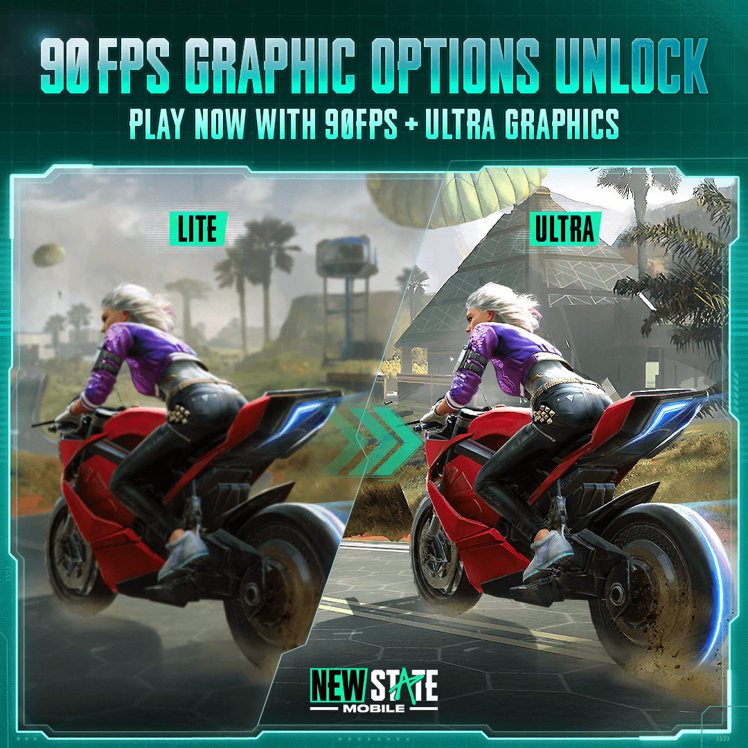 IN_NEWSTATE's tweet photo. Get ready for a visual treat! Unlock stunning 90 FPS graphics option on high-spec devices and immerse yourself in your favorite game like never before. Upgrade now and take your gameplay to the next level!

#NEWSTATEMOBILE #90FPSGraphics #HighQualityExperience #UltimateUpgrade https://t.co/PuR2MKAahD