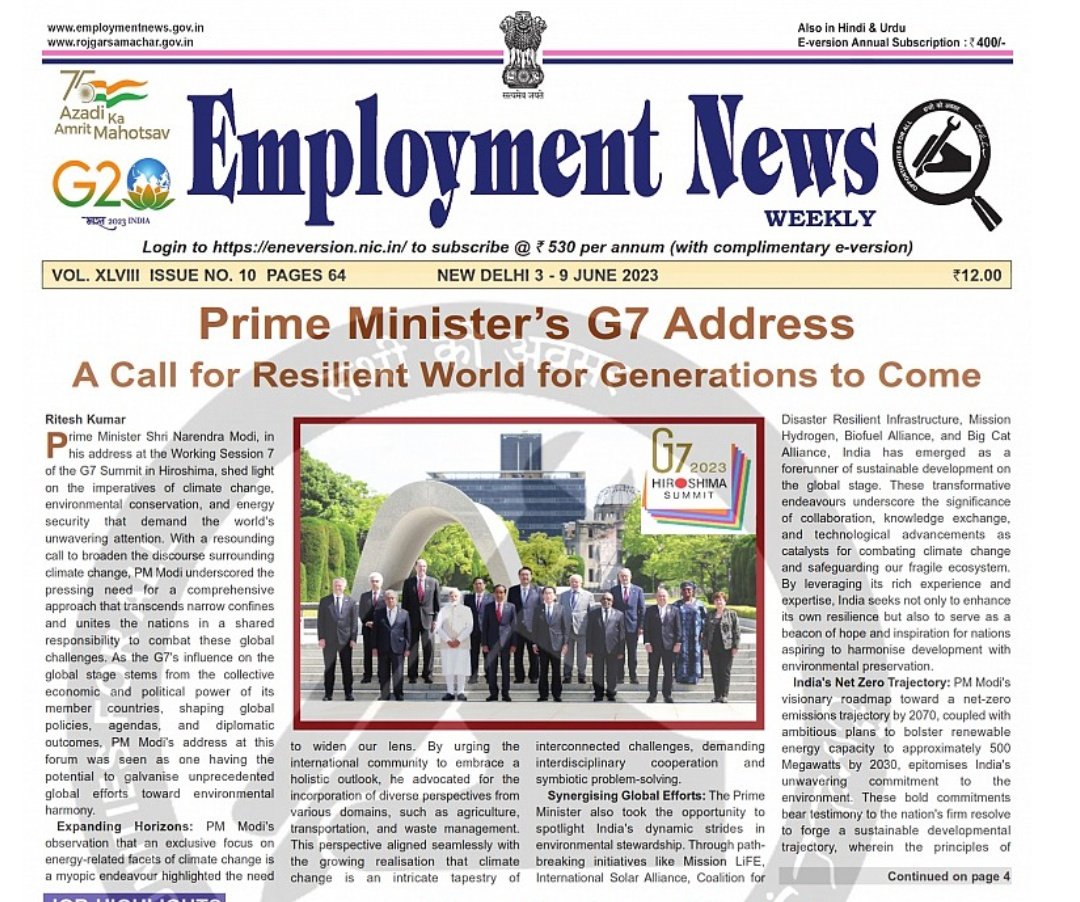 Employ_News's tweet image. From strengthening global partnerships to championing sustainability, #EmploymentNews dated 3-9 June 2023
brings you a complete assessment 
 of #ModiAtG7 and the PM&apos;s 3-nation tour. 
A concise capsule for your #CurrentAffairs preps.